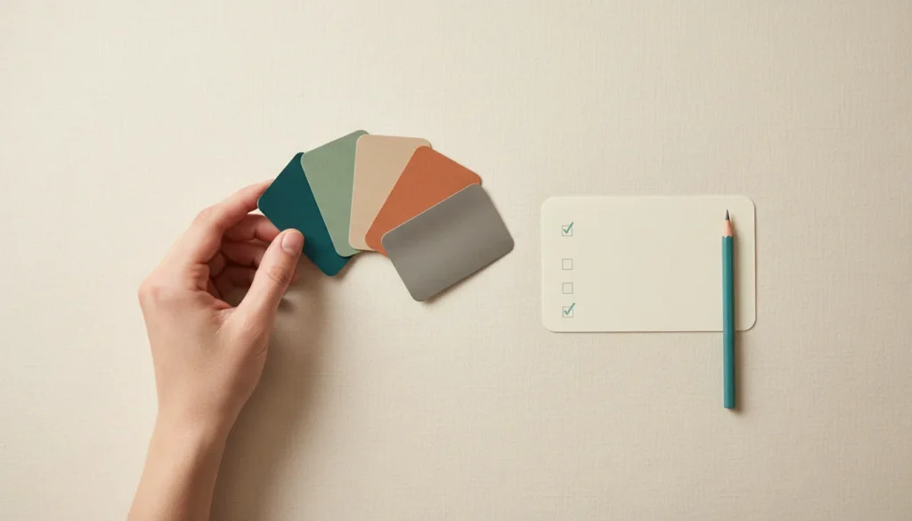 Hand holding color samples next to a checklist for choosing a street food cargo bike