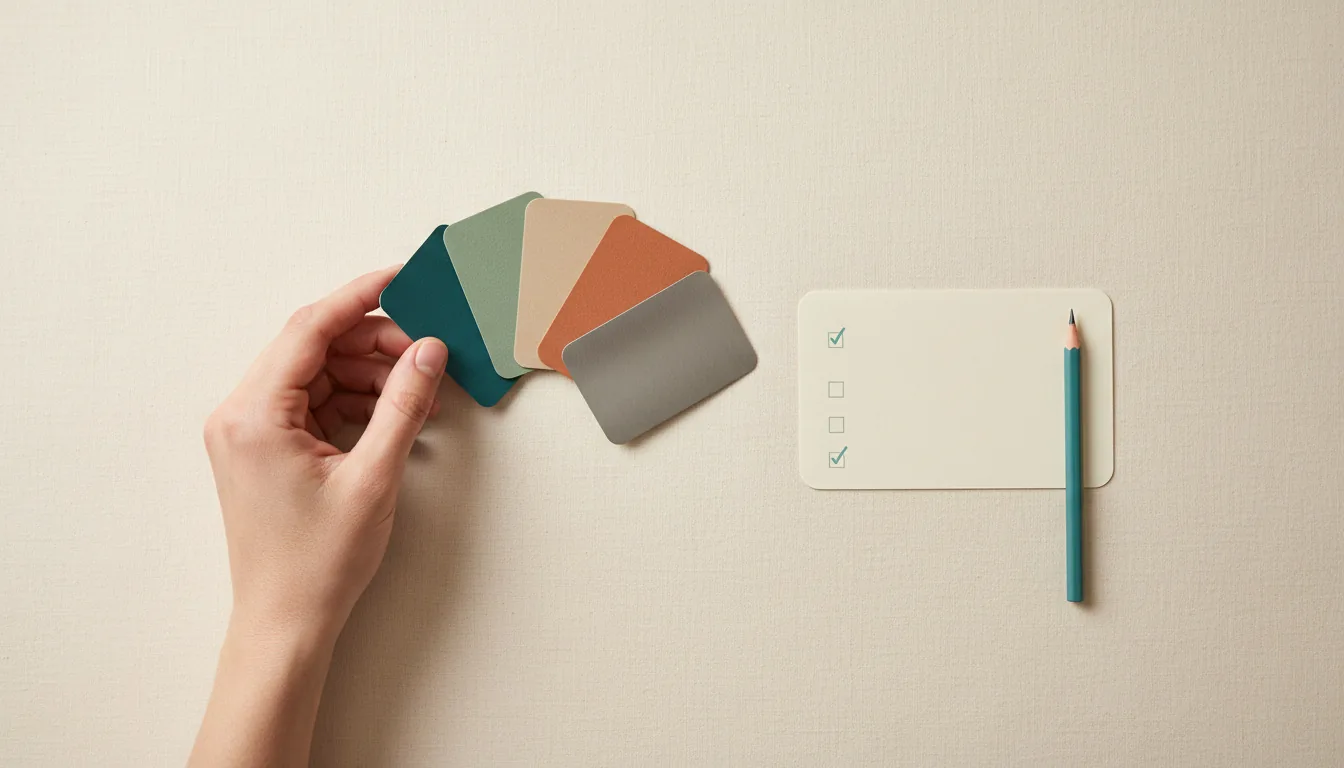 Hand holding color samples next to a checklist for choosing a street food cargo bike