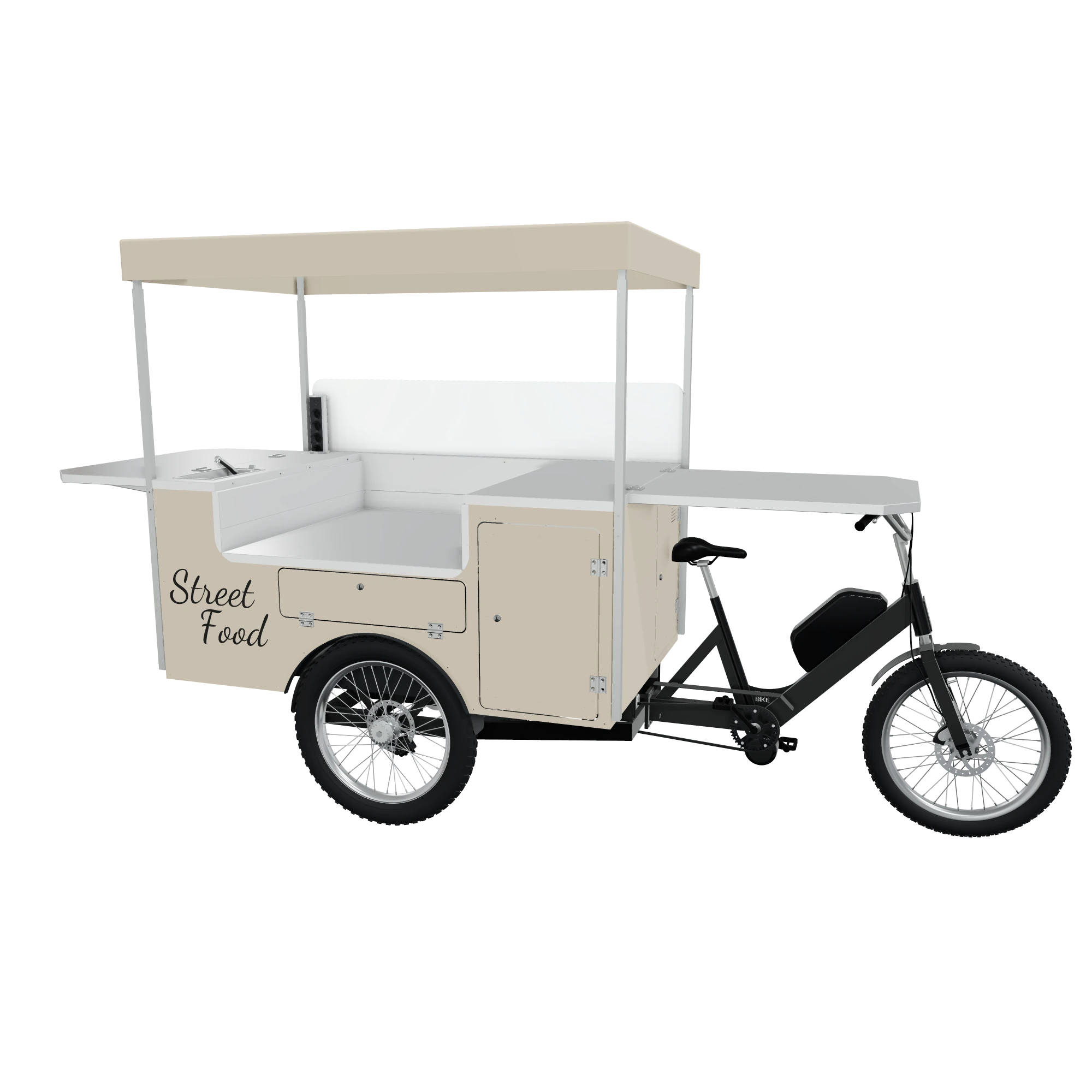 Flex street food cargo bike, ivory box, flat awning